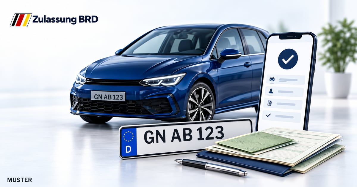 Online Fahrzeugzulassung in Hasselroth: Musterkennzeichen GN AB 123, Auto und Fahrzeugpapiere und Smartphone. Illustration mit Logo von Zulassung BRD.